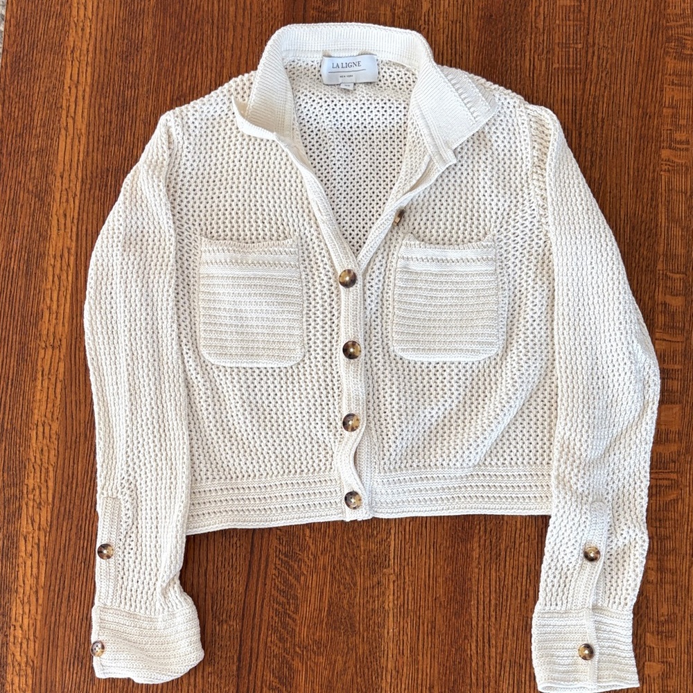 La Ligne Cream Open-Knit Button Cardigan